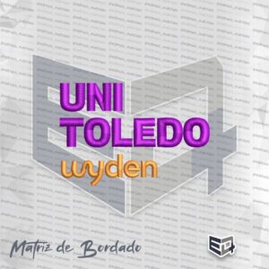 Matriz de bordado computadorizado do logotipo UniToledo Wyden com preenchimento em pontos de cetim nas cores roxo vibrante e dourado, exibindo textura detalhada de alta densidade para aplicação em jalecos e uniformes