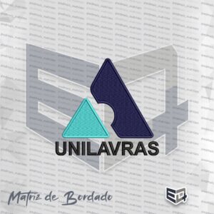 Matriz de bordado digitalizada do logotipo do Unilavras (Centro Universitário de Lavras), apresentando um triângulo turquesa e uma forma azul marinho abstrata lado a lado sobre o nome "UNILAVRAS" bordado em preto. Textura de pontos de bordado visível em fundo preto