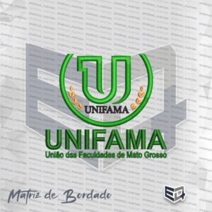 Matriz de bordado da UNIFAMA (União das Faculdades de Mato Grosso). No topo, um círculo verde com a letra "U" ao centro e ramos de louro dourados nas laterais. Abaixo, o nome "UNIFAMA" em verde e a descrição completa da instituição em letras menores.