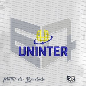 Matriz de bordado vazada do logotipo Uninter, apresentando o globo centralizado estilizado em amarelo e o nome Uninter em azul royal com pontos de cetim em relevo sobre fundo preto.