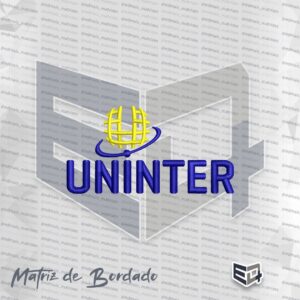 Matriz de bordado vazada do logotipo Uninter, apresentando o globo estilizado em amarelo e o nome Uninter em azul royal com pontos de cetim em relevo sobre fundo preto.