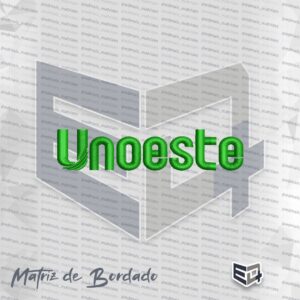 Matriz de bordado computadorizado do logotipo da Unoeste em letras verdes vibrantes, com acabamento em ponto cheio (satim) de alto relevo, destacando a letra "U" estilizada no início, sobre um fundo preto para visualização técnica