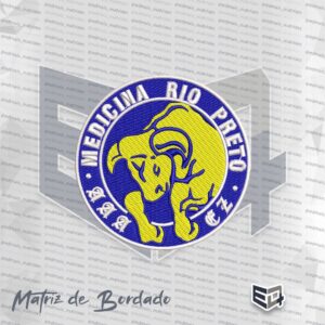 Matriz de bordado circular da Atlética Medicina Rio Preto AAAEZ, apresentando fundo azul, personagem central em amarelo e bordas com texto branco "Medicina Rio Preto AAAEZ" em relevo