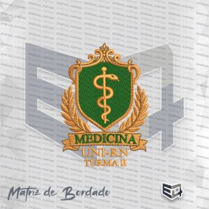Matriz de bordado luxuosa para o curso de Medicina UNI-RN Turma II, apresentando brasão dourado ornamental com o bastão de esculápio centralizado sobre fundo verde, simulando relevo tridimensional e acabamento em fios acetinados Versão 1