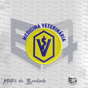 Matriz de bordado circular da Medicina Veterinária Uninter, apresentando fundo amarelo em ponto tatami, símbolo do V com bastão e serpente em azul e texto superior arqueado "Medicina Veterinária" em relevo