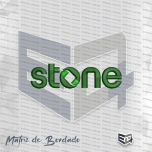 Matriz de bordado computadorizado do novo logotipo da marca Stone, apresentando a palavra "stone" em letras minúsculas com preenchimento em linha verde escura e detalhes em verde claro na letra "o", simulando pontos de costura reais