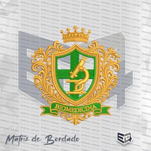 Matriz de Bordado Biomedicina Brasão com Coroa Ramos Dourados