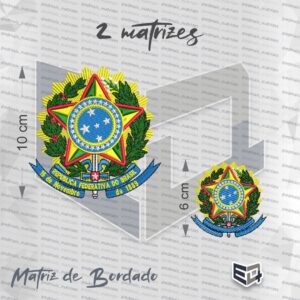 Matriz de bordado computadorizado reproduzindo em detalhes o Brasão de Armas do Brasil. O design apresenta uma grande estrela de cinco pontas nas cores verde e amarela com borda vermelha, sobreposta a um resplendor de raios dourados e cercada por ramos verdes de café e fumo. No centro da estrela, um escudo azul circular com estrelas brancas formando a constelação do Cruzeiro do Sul, contornado por um anel azul com outras vinte e sete estrelas. Na base, uma espada vertical apoia o conjunto sobre um listel azul com a inscrição "República Federativa do Brasil - 15 de Novembro de 1889" em letras amarelas.