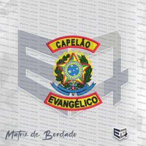 Matriz de bordado computadorizado de um brasão de Capelão Evangélico sobre fundo preto, exibindo uma tarja superior amarela com borda vermelha escrita Capelão e uma tarja inferior idêntica escrita Evangélico, emoldurando o Brasão de Armas do Brasil detalhado ao centro.