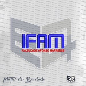 Matriz de bordado computadorizado do logotipo da Faculdade Afonso Mafrense, exibindo a sigla IFAM em letras grandes azuis em ponto cheio de alto relevo e o nome Faculdade Afonso Mafrense bordado logo abaixo em letras vermelhas