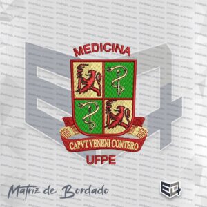 Matriz de bordado computadorizado do brasão de Medicina da UFPE, apresentando um escudo dividido em quatro quadrantes com fundo alternado em verde e dourado texturizado, contendo duas figuras de leões vermelhos e duas insígnias do bastão de Esculápio. Acima, a palavra "MEDICINA" em arco vermelho, e abaixo, uma faixa vermelha ondulada com o lema em letras douradas e a sigla "UFPE".