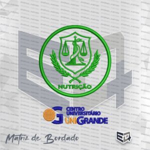 Matriz de bordado computadorizado exibindo no topo o brasão circular verde do curso de Nutrição com balança e ramos de louro, e na parte inferior o logotipo do Centro Universitário Unigrande em tons de azul e dourado