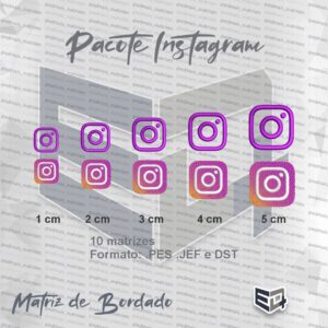Imagem promocional do Pacote Logo Instagram Matriz de Bordado, exibindo dez variações do logotipo em tamanhos de 1 a 5 centímetros com opções de contorno roxo e versões preenchidas em degradê rosa e laranja