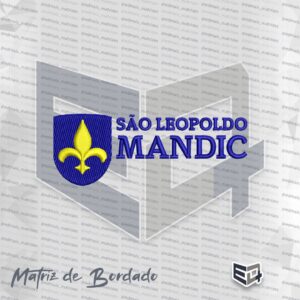Matriz de bordado computadorizado do logotipo da Faculdade São Leopoldo Mandic, exibindo à esquerda um escudo azul com uma flor-de-lis amarela e à direita a inscrição do nome da instituição em letras azuis com relevo pronunciado sobre fundo preto.