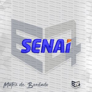 Logotipo do SENAI em formato de matriz de bordado computadorizado. As letras S, E, N, A e o corpo do I possuem preenchimento texturizado em ponto tatami azul royal com contornos definidos em ponto cheio. O ponto do topo da letra I é representado por uma forma geométrica inclinada com preenchimento em ponto tatami na cor laranja.