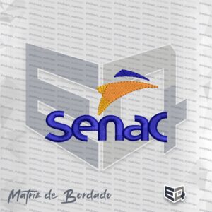 Matriz de bordado computadorizado do logotipo institucional do Senac, exibindo o nome Senac em ponto cheio azul de alto relevo e o símbolo estilizado logo acima em tons de laranja, dourado e azul escuro