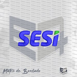 Matriz de bordado computadorizado da nova identidade visual do logotipo do SESI, exibindo as letras SESI em ponto cheio azul de alto relevo e o detalhe superior da letra i bordado em verde vibrante