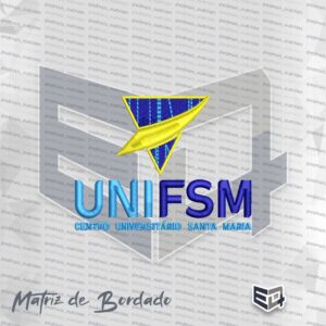 Matriz de bordado computadorizado do logotipo do Centro Universitário Santa Maria (UNIFSM). Na parte superior, um logotipo geométrico formado por um triângulo invertido em azul escuro com linhas verticais claras, cortado diagonalmente por uma asa estilizada na cor amarela em ponto cheio reluzente. Logo abaixo, a sigla "UNIFSM" está bordada em letras maiúsculas espessas, sendo as letras "UNI" em azul celeste e "FSM" em azul escuro. Na base do design, a frase "CENTRO UNIVERSITÁRIO SANTA MARIA" aparece alinhada horizontalmente em letras menores na cor azul celeste.