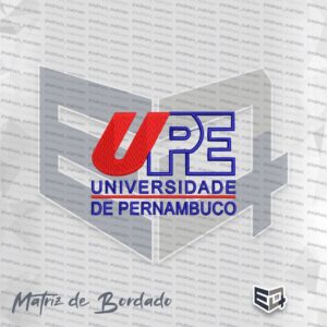 Logotipo da UPE Universidade de Pernambuco em formato de matriz de bordado computadorizado. A letra U grande possui preenchimento em ponto tatami na cor vermelha, entrelaçada com as letras P e E em contorno azul escuro. Abaixo, o texto UNIVERSIDADE DE PERNAMBUCO está bordado em azul, separado por uma linha horizontal vermelha texturizada.