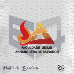 Matriz de bordado computadorizado do logotipo da Faculdade Unime Anhanguera de Salvador, destacando o símbolo estilizado em tons de vermelho, laranja e dourado com preenchimento em ponto tatami e a inscrição do nome da instituição logo abaixo em linhas cinzas
