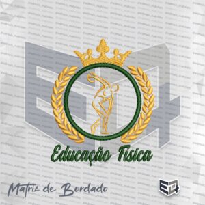 Matriz de bordado computadorizado do brasão do curso de Educação Física. Exibe no centro a silhueta em linhas douradas da estátua do Discóbolo dentro de um aro circular verde. O topo conta com uma coroa dourada, ladeada por ramos de louro em tom ouro, trazendo na base a escrita "Educação Física" em fonte cursiva verde, sobre fundo preto que destaca os detalhes