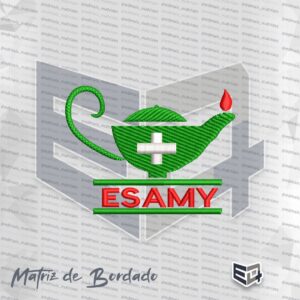 Matriz de bordado computadorizado do logotipo da ESAMY com o símbolo da Enfermagem. Apresenta uma lâmpada verde bordada em ponto tatami com uma cruz branca no centro e uma chama vermelha no bico. Na parte inferior, exibe a sigla "ESAMY" em letras maiúsculas vermelhas entre duas faixas horizontais verdes