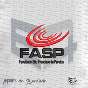 Matriz de bordado computadorizado do logotipo da FASP (Faculdade São Francisco da Paraíba). Na parte superior, exibe quatro arcos dinâmicos e curvos bordados em tom vermelho vibrante em ponto cetim. Na parte central, destaca-se a sigla "FASP" em letras maiúsculas pretas e encorpadas, acompanhada pela inscrição "Faculdade São Francisco da Paraíba" bordada na parte inferior em texto menor e nítido,