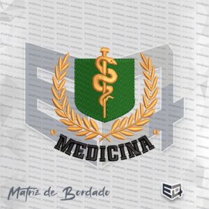 Matriz de bordado computadorizado do brasão do curso de Medicina da Unilago. Apresenta um escudo central na cor verde-escuro com o bastão de Esculápio e a serpente em tom dourado em relevo no centro. O escudo é emoldurado por ramos de louro dourados e possui a inscrição "MEDICINA" bordada em um arco na base em letras pretas com contorno claro, apresentada sobre um fundo com marca d'água do arquivo Matriz de Bordado Medicina Unilago 3