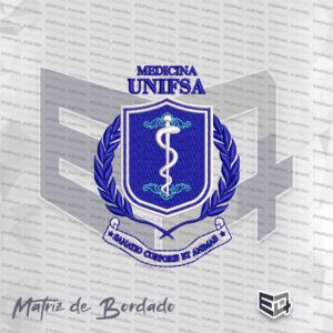 Matriz de bordado computadorizado do brasão de Medicina UNIFSA, apresentando escudo central azul com bastão de Esculápio em branco, ornamento verde-água, ladeado por ramos azuis, texto Medicina UNIFSA no topo e faixa branca na base com o lema Sanatio Corporis et Animae.