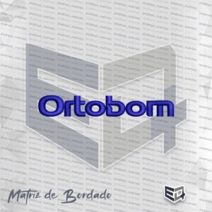 Matriz de bordado computadorizado monocromática na cor azul do logotipo da Ortobom. A palavra "Ortobom" está escrita em letras minúsculas (com exceção do "O" inicial maiúsculo) e em tom de azul-royal vibrante, com acabamento volumoso em ponto cetim e contornos arredondados