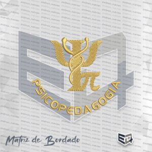 Matriz de bordado computadorizado do símbolo da Psicopedagogia em tom dourado, destacando a letra grega Psi entrelaçada com a serpente de Esculápio e a palavra PSICOPEDAGOGIA disposta em arco na parte inferior sobre fundo neutro.