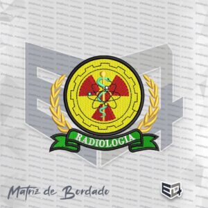 Matriz de bordado computadorizado do brasão de Radiologia em formato circular amarelado com engrenagem, símbolo de radiação trifólio em vermelho, bastão com serpente verde, ladeado por ramos de louro dourados e faixa verde com o texto RADIOLOGIA bordado