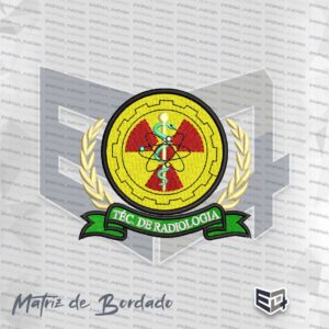 Matriz de bordado computadorizado do brasão de Radiologia em formato circular amarelado com engrenagem, símbolo de radiação trifólio em vermelho, bastão com serpente verde, ladeado por ramos de louro dourados e faixa verde com o texto Técnico de RADIOLOGIA bordado