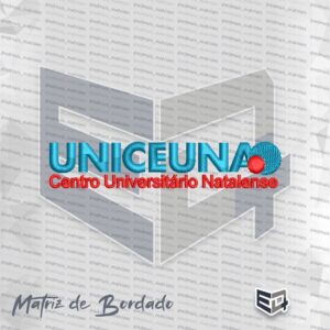Matriz de bordado computadorizado do logotipo do Centro Universitário Natalense (UNICEUNA). Na parte superior, exibe a palavra "UNICEUNA" em maiúsculas na cor azul-turquesa, seguida por um elemento circular azul com uma esfera vermelha no centro. Na parte inferior, traz a expressão "Centro Universitário Natalense" bordada na cor vermelha,