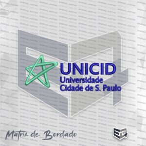 Matriz de bordado computadorizado do logotipo da UNICID (Universidade Cidade de S. Paulo). À esquerda, apresenta uma estrela estilizada entrelaçada na cor verde-menta em ponto cetim. À direita, exibe em azul-marinho a sigla "UNICID" em destaque maiúsculo, acompanhada pelas frases "Universidade" e "Cidade de S. Paulo" em linhas inferiores,