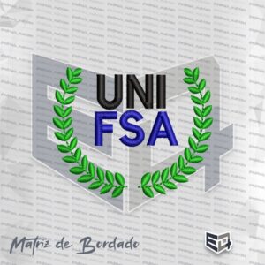 Matriz de bordado computadorizado da logo UNIFSA, destacando as letras UNI na cor preta sobre FSA na cor azul, emolduradas por dois ramos de louro verdes nas laterais sobre fundo