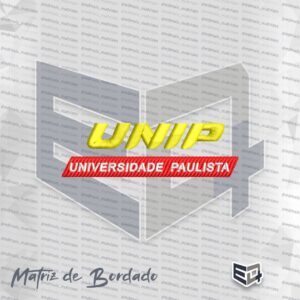 Matriz de bordado computadorizado horizontal do logotipo da UNIP (Universidade Paulista). Na parte superior, exibe a sigla "UNIP" em letras maiúsculas grossas e inclinadas para a direita, bordadas em ponto cheio na cor amarela vibrante. Logo abaixo, há uma faixa vermelha alongada em formato de paralelogramo preenchida em ponto tatami. Dentro dessa faixa vermelha, está bordado o texto "UNIVERSIDADE PAULISTA" em letras maiúsculas menores e sem serifa na cor branca pura.