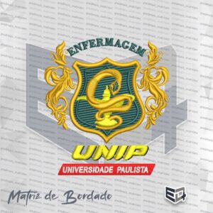 Matriz de bordado computadorizado do brasão de Enfermagem da UNIP (Universidade Paulista). Exibe um escudo central verde-escuro com contorno dourado em relevo, trazendo os símbolos da lâmpada e da serpente em linhas amarelas e douradas. Nas laterais, há ramos ornamentais dourados e a palavra "ENFERMAGEM" em arco no topo. Abaixo do escudo, destaca-se a sigla "UNIP" em letras amarelas volumosas e o texto "UNIVERSIDADE PAULISTA" bordado em branco sobre uma faixa vermelha, tudo sobre um fundo preto texturizado que simula pontos de linha realistas do arquivo