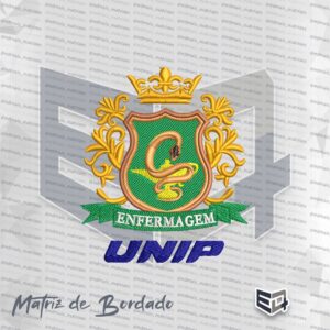 Matriz de bordado computadorizado do brasão de Enfermagem da UNIP (Universidade Paulista). Exibe um escudo central verde-escuro com contorno dourado em relevo, trazendo os símbolos da lâmpada e da serpente em linhas amarelas e douradas. Nas laterais, há ramos ornamentais dourados e a palavra "ENFERMAGEM" em arco no topo. Abaixo do escudo, destaca-se a sigla "UNIP" em azul