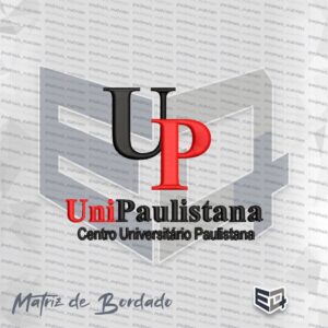 atriz de bordado computadorizado do logotipo da UniPaulistana (Centro Universitário Paulistana). No topo, exibe o monograma das letras "U" na cor preta e "P" na cor vermelha sobrepostas. Na parte inferior, traz o nome "UniPaulistana" com o trecho "Uni" em vermelho e "Paulistana" em preto, acompanhado do texto "Centro Universitário Paulistana" na base