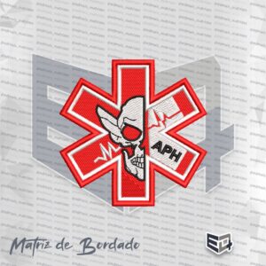 Matriz de bordado computadorizado do símbolo APH Médico Tático com Cruz da Vida em vermelho e branco, caveira estilizada, linha de frequência cardíaca e a palavra APH bordada em preto.