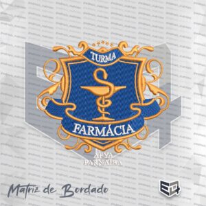 Matriz de bordado computadorizado do brasão de Farmácia com escudo azul, taça de Hygeia e serpente dourada, ornamentos em arabesco e texto Afya Parnaíba.