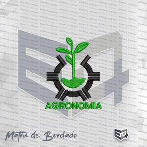 Símbolo bordado da profissão de Agronomia em formato vertical sobre fundo transparente. A imagem apresenta a engrenagem hexagonal da Agronomia bordada em preto, com uma muda de planta verde vibrante brotando do solo em seu centro. Abaixo do símbolo, a palavra "AGRONOMIA" está bordada em letras maiúsculas verdes com fonte moderna em relevo.
