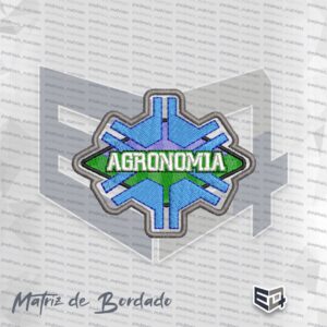 Brasão de bordado computadorizado em formato de patch da profissão de Agronomia. O emblema tem contorno duplo em cinza e preto, fundo geométrico verde e lilás, o símbolo hexagonal da agronomia em tom azul ao centro e uma faixa verde horizontal com a palavra "AGRONOMIA" bordada em letras brancas em destaque.