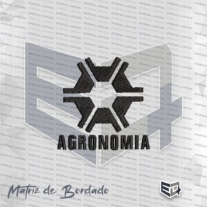 Símbolo bordado da profissão de Agronomia em fundo preto. No centro, destaca-se um emblema hexagonal com preenchimentos em verde brilhante. O emblema é envolvido por duas folhas de louro simétricas em arco na cor dourada. Abaixo do símbolo, está bordada a palavra "AGRONOMIA" em letras maiúsculas verdes com fonte serifada.