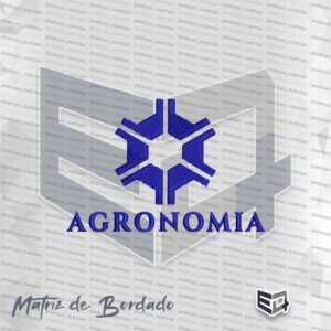 Símbolo geométrica bordado da profissão de Agronomia na cor azul royal sobre fundo preto. A imagem apresenta o emblema hexagonal da Agronomia com textura de pontos de bordado bem definidos e, logo abaixo, a palavra "AGRONOMIA" em letras maiúsculas azul royal com fonte serifada em relevo.