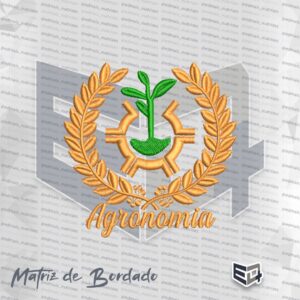 Símbolo bordado da profissão de Agronomia sobre fundo transparente. No centro, há uma engrenagem hexagonal vazada na cor amarela dourada contendo em seu núcleo uma pequena planta verde brotando do solo. O conjunto é rodeado por dois ramos de louro dourados em arco e, na base, a palavra "Agronomia" bordada em letra cursiva dourada.