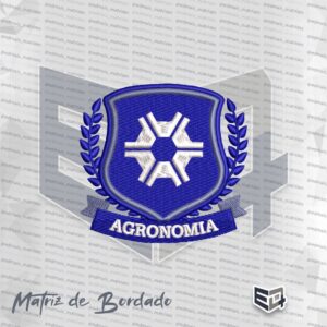 Brasão heráldico bordado do curso de Agronomia nas cores azul, prata e branco. Apresenta um escudo azul com o símbolo hexagonal da agronomia em branco no centro, moldura cinza/prata e ramos de louro em azul nas laterais. Na base, uma faixa azul traz a palavra "AGRONOMIA" em letras maiúsculas brancas.