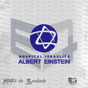 Logotipo bordado do Hospital Israelita Albert Einstein. Na parte superior, há um círculo azul sólido com uma Estrela de Davi estilizada, formada por linhas brancas fluidas e contínuas sobrepostas. Abaixo do símbolo, encontra-se o texto "HOSPITAL ISRAELITA" em fonte menor e, logo abaixo, "ALBERT EINSTEIN" em letras maiores, ambos bordados na cor azul.