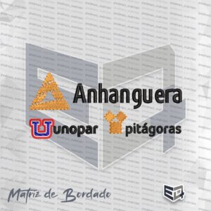 Matriz de bordado computadorizado com os logotipos da Anhanguera, Unopar e Pitágoras com símbolos geométricos em dourado e letra U tricolor.